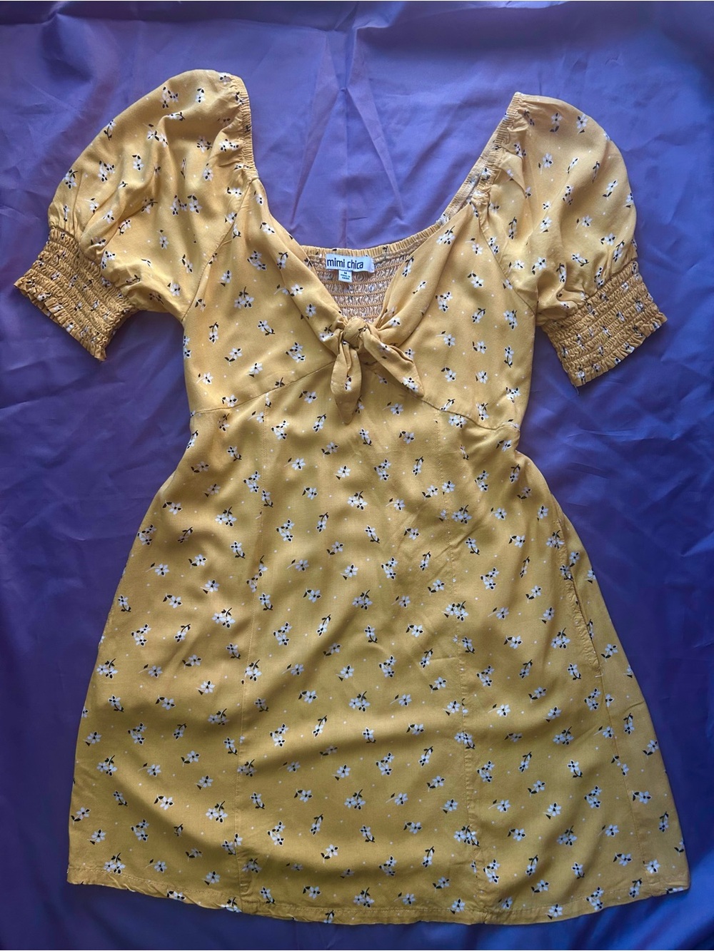 Mimi Chica Yellow Floral Tie-Front Puff Sleeve Mini Dress